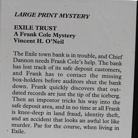 Exile Trust A Frank Cole Mystery by Vincent H O'Neil Hardcover Large Print - Picture 3 of 11